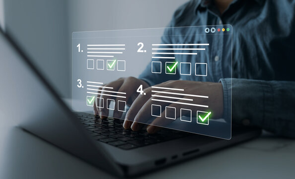Futuristic online survey and exam interface with checkboxes, questionnaire forms and rating system. Concept of e-learning, assessment, feedback, research, quality control and data analysis.