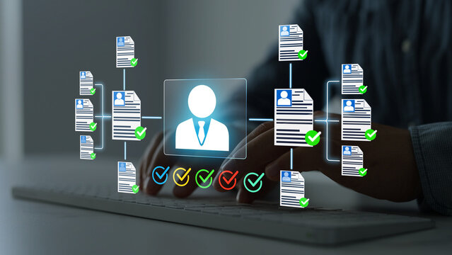 Digital documents with check marks verified staff records and online HR management. Employee approval process management.	
