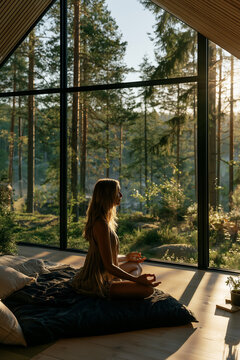 young woman meditating by large window overlooking forest, peaceful mindfulness meditation in scandinavian minimalist home, serene morning meditation with forest view in modern interior