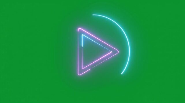 Neon play button animation with glowing circular audio waveform on green screen background, light d