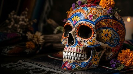 Fototapeta premium Vibrant Day of the Dead sugar skull decoration ,Hispanic Heritage Celebration Month, Latino Ctivalultural Festival, Cinco de Mayo, Día de los Muertos, Carnaval, Inti Raymi