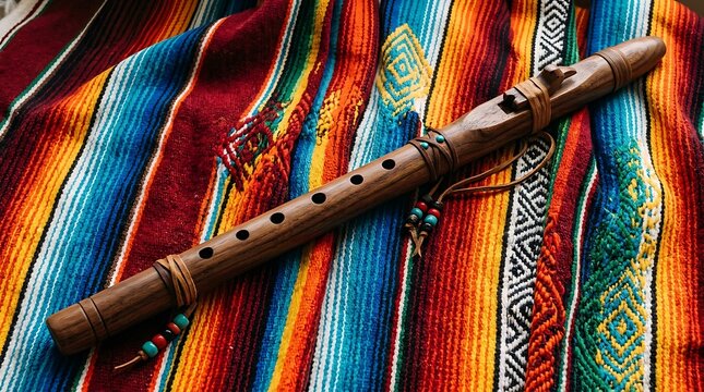 traditional mexican flute on colorful serape blanket ,Hispanic Heritage Celebration Month, Latino Ctivalultural Festival, Cinco de Mayo, D&iacute;a de los Muertos, Carnaval, Inti Raymi