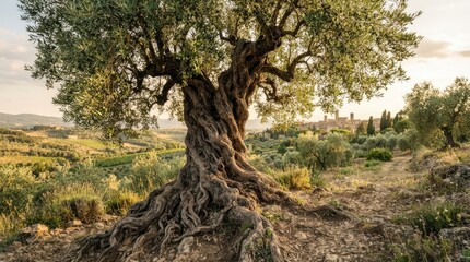 Naklejka premium An ancient olive tree stands prominently in a Tuscan landscape. The gnarled trunk of the tree is thick and textured, with extensive roots spreading across 