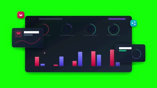 Modern business analytic dashboard with financial data charts on green screen background
