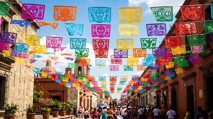 Fototapeta premium Vibrant Mexican street festival with colorful decorations ,Hispanic Heritage Celebration Month, Latino Ctivalultural Festival, Cinco de Mayo, Día de los Muertos, Carnaval, Inti Raymi