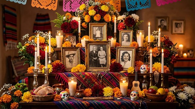 Vibrant Mexican altar for Day of Dead celebration ,Hispanic Heritage Celebration Month, Latino Ctivalultural Festival, Cinco de Mayo, D&iacute;a de los Muertos, Carnaval, Inti Raymi