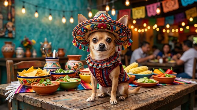 chihuahua in sombrero at mexican fiesta table ,Hispanic Heritage Celebration Month, Latino Ctivalultural Festival, Cinco de Mayo, D&iacute;a de los Muertos, Carnaval, Inti Raymi