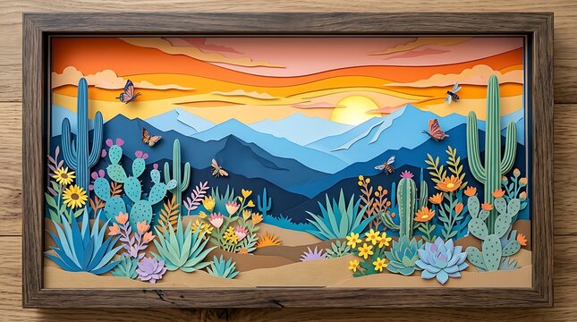 Vibrant desert landscape with cacti and flowers at sunset ,Hispanic Heritage Celebration Month, Latino Ctivalultural Festival, Cinco de Mayo, D&iacute;a de los Muertos, Carnaval, Inti Raymi