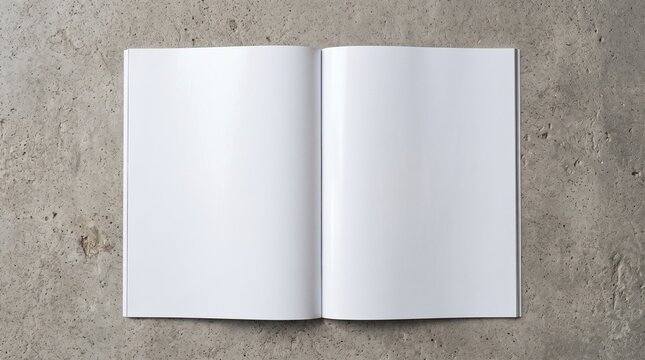 Minimalist blank magazine mockup, open white brochure on concrete background, clean catalog template for portfolio presentation