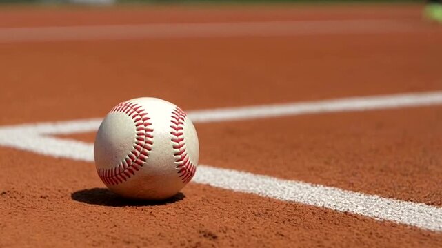 Baseball resting on the infield dirt near the foul line.