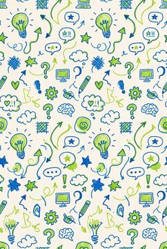 Hand drawn creative thinking doodle pattern with light bulbs, arrows, speech bubbles, stars, gears and question marks on a seamless background design.