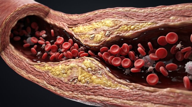 3D medical illustration showing atherosclerosis with plaque buildup inside a human artery and red blood cells blood vessel heart disease atherosclerosis cholesterol cardiovascular medicine