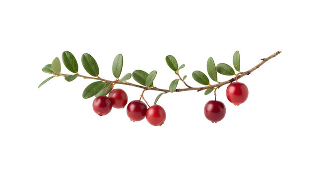 Fresh red cranberries growing on a slender branch with bright green leaves PNG. Five round berries dangle naturally from the curved woody stem.