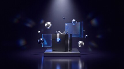 Naklejka premium Luxury black gift box with blue glow, elegant present on a dark stage, premium surprise for special occasions, sophisticated packaging design, stylish award or prize presentation.
