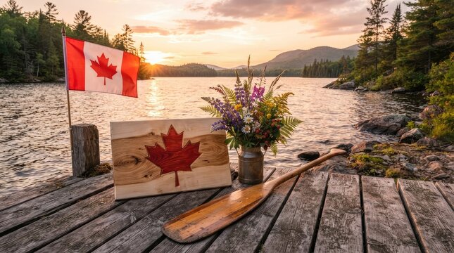 A Canadian flag is prominently displayed on a wooden dock, alongside a rustic wooden paddle and a vase of colorful wildflowers. 