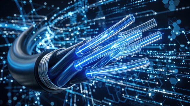 High speed fiber optic cable transmitting blue light data signals, abstract digital technology, telecommunications infrastructure, internet connectivity, glowing optical fibers