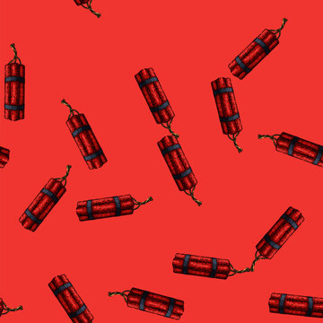 pattern dynamite explosive tnt hand drawn. explosion bomb, danger fuse, destruction dangerous, detonate explode, wick weapon dynamite explosive tnt vector sketch illustration
