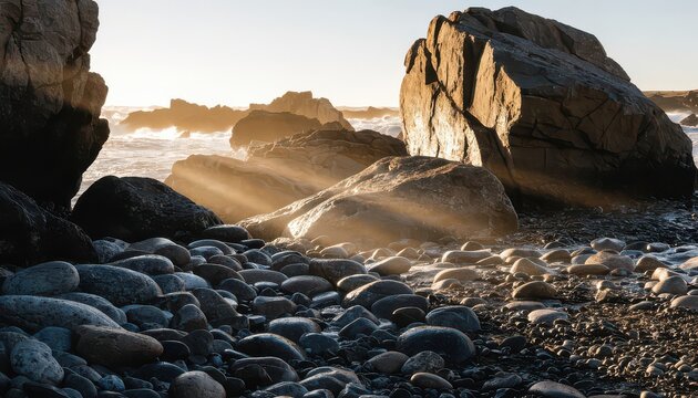 Sunlight rays pierce through large rocks near ocean