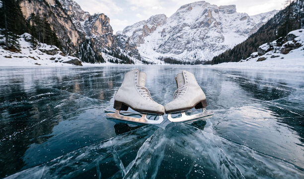 A pair of ice skates with white leather and silver blades resting on the mirror-smooth surface of a wild frozen alpine lake surrounded by snow peaks, Crystalline ice cracks 