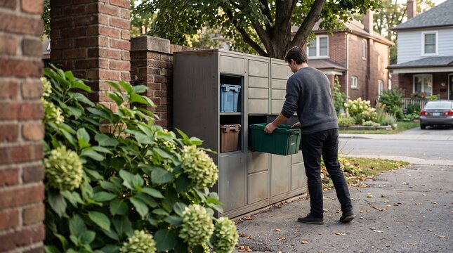 Man retrieving package from outdoor parcel locker in residential neigh