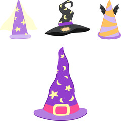 Fototapeta premium Stylized set of four whimsical wizard and witch hats with stars, moons, bats and bright colors, perfect for fantasy, halloween, costumes, parties and kids' designs