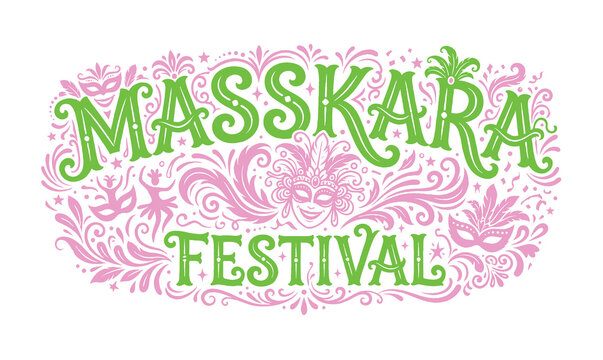 MassKara Festival Bacolod carnival mask lettering and ornate floral doodle vector illustration