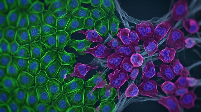 Microscopic view of green and purple cellular structures interacting under laboratory conditions with microbiology laboratory research microorganism interaction pathology cytology fluorescence