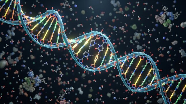 Detailed 3D rendering of double helix DNA strand floating amidst molecular particles with genetics molecular chromosome biotechnology research laboratory biodiversity evolution heredity