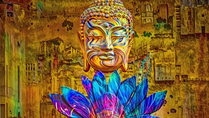 Obraz premium Vibrant Buddha Statue Adorned with a Colorful Lotus Flower