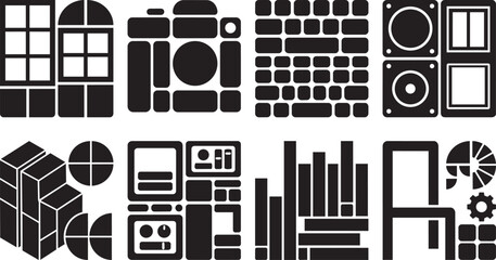 Fototapeta premium Contemporary Abstract Geometric Block Set Vector Collection Featuring Window and Speaker Icons for Graphic Layouts