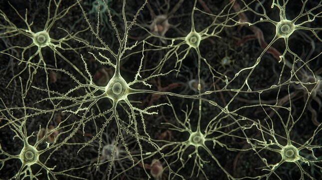 Detailed microscopic visualization of interconnected neurons forming a complex neural network pathway with microscopic medicine neurology connection synaptic dendrite neuroscience research