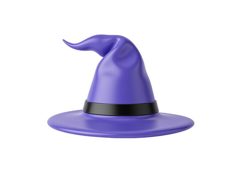 Purple witch hat with a drooping tip and a black band, isolated on transparent background