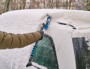 A man in a dark green jacket brushes snow off a car parked in a yard. © Natallya_ph
