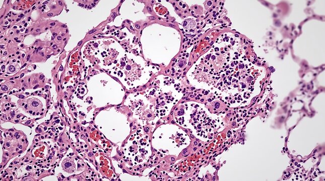 Histological section view of human lung tissue under microscope showing alveoli and respiratory cells with medical science histology microscope respiratory medicine pathology micrograph