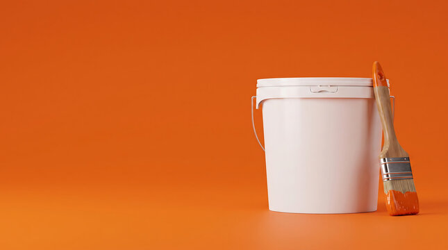 White paint bucket with paintbrush on orange background