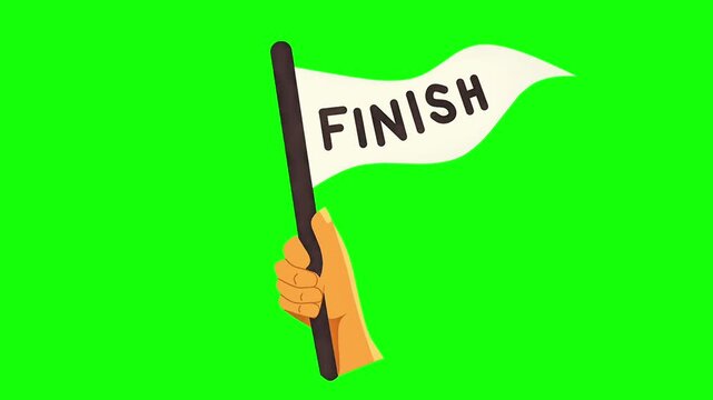 An animation of a hand waving a white checkered flag against a green background, symbolizing victory and the completion of a task.