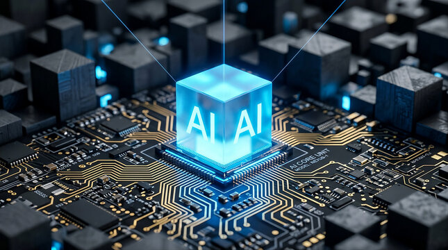 Futuristic AI Processor Chip on Circuit Board with Glowing Blue Cube