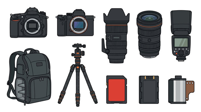 Professional Photography Equipment Vector Collection with DSLR Camera, Mirrorless Camera, Lenses, Flash, Tripod, Memory Card and Accessories