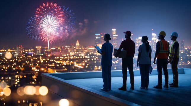 Frontline Essential Workers Celebrating Labor Day Night City Fireworks