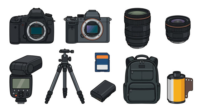 Professional Photography Equipment Vector Collection with DSLR Camera, Mirrorless Camera, Lenses, Flash, Tripod, Memory Card and Accessories