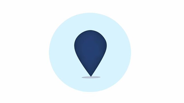 A minimalist motion dark blue map marker icon centered within a light blue circle on a plain white background.
