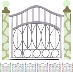 Fototapeta premium Decorative metal gate featuring an arched top and ornate scrollwork between two sturdy stone pillars with spherical caps, representing security and entrance