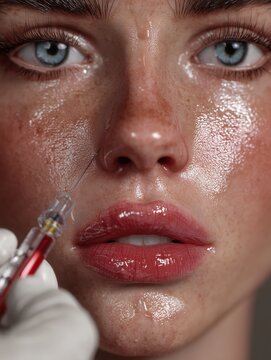 Close-up of a female face with shiny lips and a cosmetic injection syringe, aesthetic medicine concept.