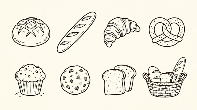 Vector drawn art bakery products bread pastry sweet food hand drawn sketch collection with baguette croissant breakfast delicious homemade tradition