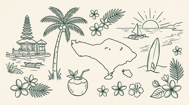 Vector drawn art bali island travel tropical vacation elements sketch style collection with tropical vacation surfboard landscape architecture indonesia