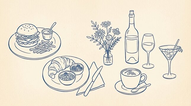 Vector drawn art restaurant food and drinks line sketch collection with restaurant illustration croissant cocktail breakfast beverage