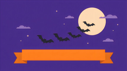 Naklejka premium Premium Halloween vector banner template with flying bats over full moon and orange ribbon. Night sky background with stars and clouds. Spooky flat design web header. Halloween