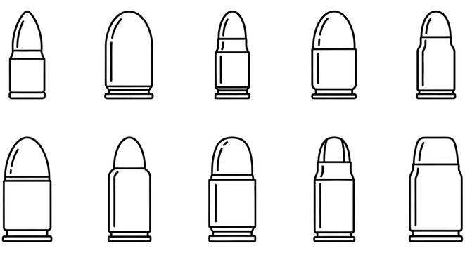 Line art illustration of various bullet shapes on a white background