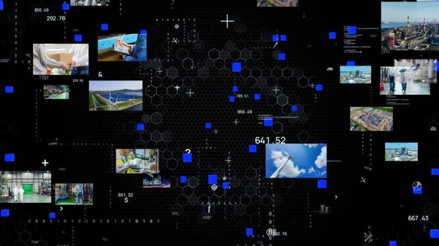 産業とテクノロジー。工場、工業、製造業、映像、半導体、建設、機械、エンジニア、作業員、DX、ICT
