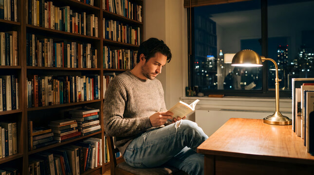 A caucasian adult man reads a book in a cozy indoor study at night, with city view outside the window.
